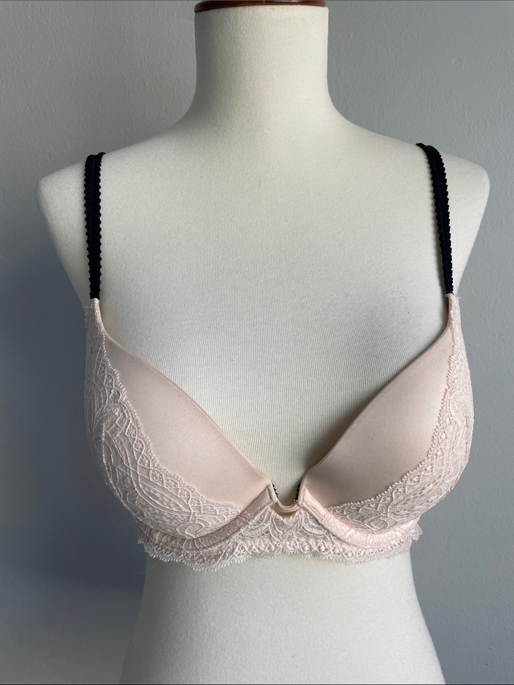Victoria's Secret Blush Pink Lace Push-Up Bra with Black Straps 34C